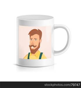 Custom Mug With Print Vector. Printed Face. Photo Mug Printing Template Isolated Illustration. Print Photo On Cup Vector. Realistic Personalized Mug Mock Up Isolated Illustration