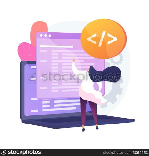 Custom style script. Website optimization, coding, software development. Female programmeer cartoon character working, adding JavaScript, CSS code. Vector isolated concept metaphor illustration. Custom style script vector concept metaphor