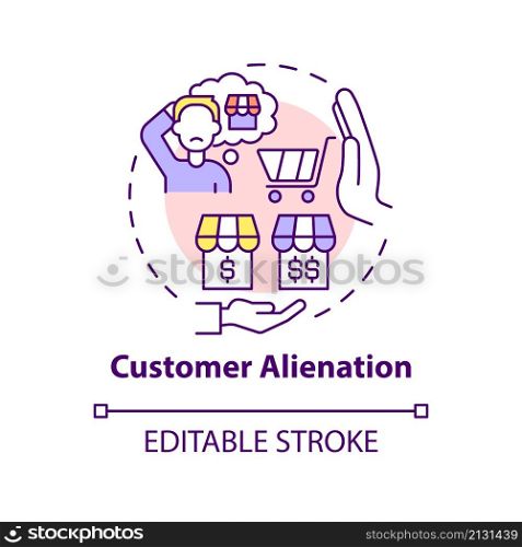 Customer alienation concept icon. Dynamic pricing drawback abstract idea thin line illustration. Brand failure. Isolated outline drawing. Editable stroke. Roboto-Medium, Myriad Pro-Bold fonts used. Customer alienation concept icon