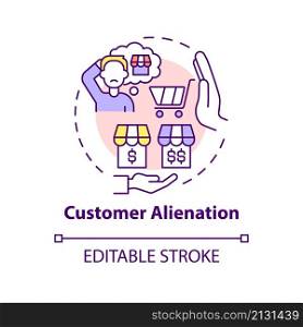 Customer alienation concept icon. Dynamic pricing drawback abstract idea thin line illustration. Brand failure. Isolated outline drawing. Editable stroke. Roboto-Medium, Myriad Pro-Bold fonts used. Customer alienation concept icon