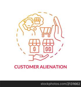 Customer alienation red gradient concept icon. Losing client trust and loyalty abstract idea thin line illustration. Isolated outline drawing. Roboto-Medium, Myriad Pro-Bold fonts used. Customer alienation red gradient concept icon