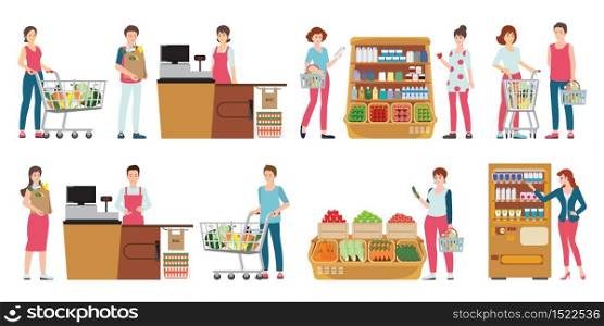 Customer and cashier in supermarket isolated on white, people shopping at grocery store, character cartoon Vector illustration.