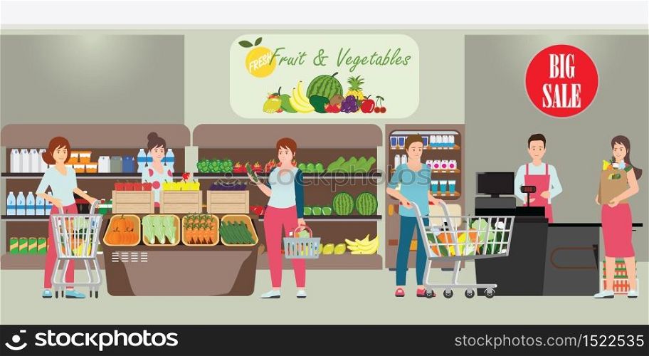 Customer and cashier in supermarket, people shopping at grocery store, character cartoon Vector illustration.