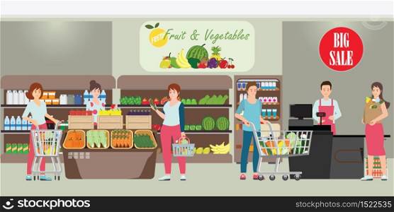 Customer and cashier in supermarket, people shopping at grocery store, character cartoon Vector illustration.