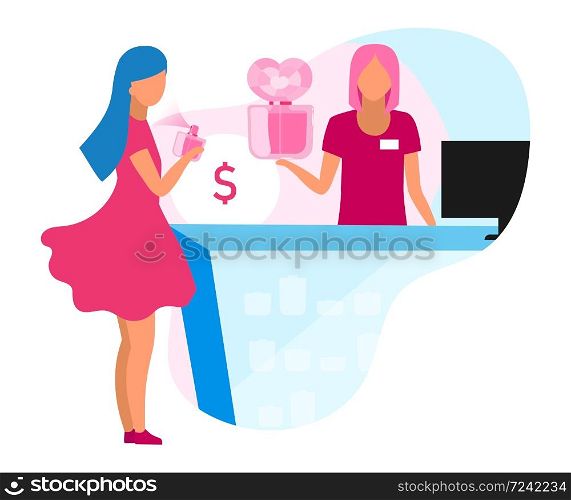 Customer and seller flat concept icon. Assistant helping customer. Buying perfumes at cosmetics store. Shopping at beauty store sticker, clipart. Isolated cartoon illustration on white background