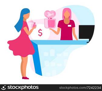 Customer and seller flat concept icon. Assistant helping customer. Buying perfumes at cosmetics store. Shopping at beauty store sticker, clipart. Isolated cartoon illustration on white background