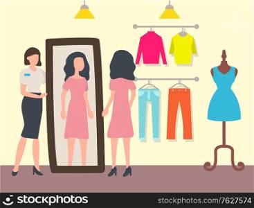 Customer and shop assistant, fashion shop or store interior vector. Woman trying dress in front of mirror and clothes on racks and dummy, sale and discount. Fashion Shop or Store, Customer and Shop Assistant