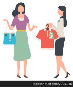Customer and shop assistant, sale and shopping, t-shirt on rack. Woman with bag and clothes with discount tag, buyer and seller isolated characters. Vector illustration in flat cartoon style. Sale and Shopping, Customer and Shop Assistant