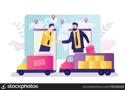 Customer and supplier shake hands on smartphone screens. Logistics, delivery of goods all over world. Globalization, modern technologies in sales, delivery and transportation. Flat vector illustration. Customer and supplier shake hands on smartphone screens. Logistics, delivery of goods all over world. Globalization