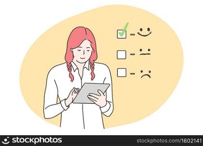 Customer assessment, business, feedback concept. Smiling businesswoman consumer cartoon character giving excellent rank comment for online survey. Marketing research and client experience illustration. Customer assessment, business, feedback concept