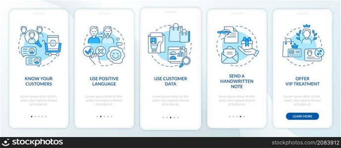 Customer assistance tips blue onboarding mobile app screen. Walkthrough 5 steps graphic instructions pages with linear concepts. UI, UX, GUI template. Myriad Pro-Bold, Regular fonts used. Customer assistance tips blue onboarding mobile app screen