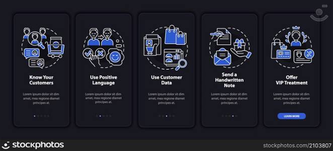Customer assistance tips night mode onboarding mobile app screen. Walkthrough 5 steps graphic instructions pages with linear concepts. UI, UX, GUI template. Myriad Pro-Bold, Regular fonts used. Customer assistance tips night mode onboarding mobile app screen