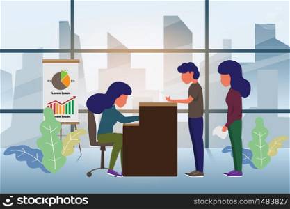 Customer at reception. Reception service or counter service business office concept in flat style. Vector illustration.