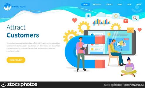 Customer attraction landing page template, analysis of consumer demand, get customer feedback flat vector banners set. Digital inbound marketing, work with consumers, business team analyzes consuming. Customer attraction, analysis of consumer demand, get customer feedback flat vector banners set
