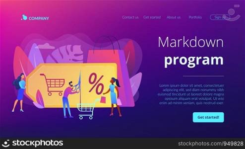 Customer attraction marketing. Shopping sale. Rewards scheme. Markdown program, promotional discount program, lowest price guarantee concept. Website homepage landing web page template.. Markdown program concept landing page