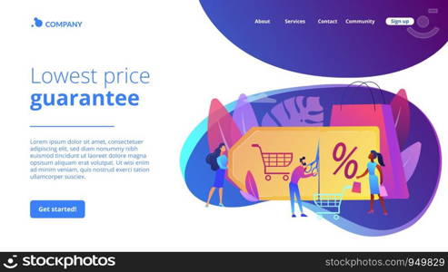 Customer attraction marketing. Shopping sale. Rewards scheme. Markdown program, promotional discount program, lowest price guarantee concept. Website homepage landing web page template.. Markdown program concept landing page