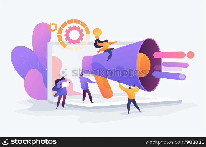 Customer attraction, social media promotion. Digital marketing team, marketing team metrics, marketing team lead, marketing team responsibilities concept. Vector isolated concept creative illustration. Marketing team concept vector illustration