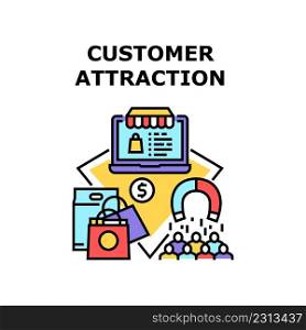 Customer Attraction Vector Icon Concept. Online Store Client Retention And Customer Attraction, Internet Shop Website For Choosing And Buying Goods. Purchasing Products Color Illustration. Customer Attraction Vector Concept Illustration