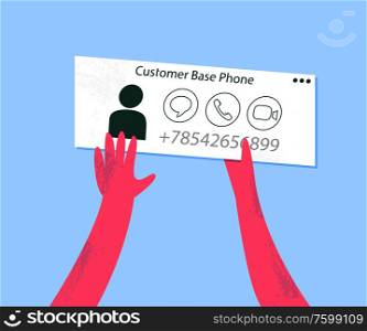 Customer base phone, person with business or calling card, personal information, mobile phone, profile for messaging. Vector search of human resources concept. Customer Base Phone, Person with Business Card