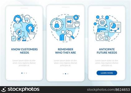 Customer behavior strategy blue onboarding mobile app screen. Walkthrough 3 steps editable graphic instructions with linear concepts. UI, UX, GUI template. Myriad Pro-Bold, Regular fonts used. Customer behavior strategy blue onboarding mobile app screen