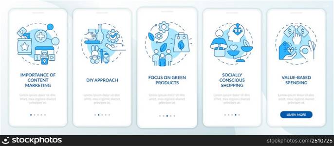 Customer behavior tendencies blue onboarding mobile app screen. Walkthrough 5 steps graphic instructions pages with linear concepts. UI, UX, GUI template. Myriad Pro-Bold, Regular fonts used. Customer behavior tendencies blue onboarding mobile app screen