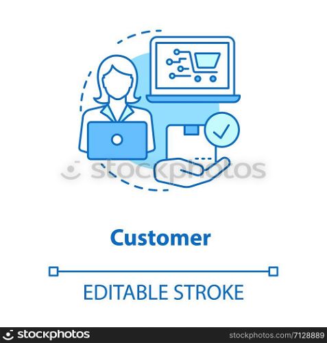 Customer blue concept icon. Online shopping application idea thin line illustration. Client choosing and ordering goods in internet store. Vector isolated outline drawing. Editable stroke