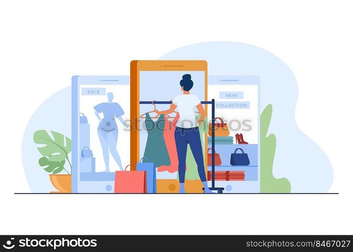 Customer buying cloth on Internet store. Women using gadget for online shopping flat vector illustration. Ecommerce, sale, retail concept for banner, website design or landing web page
