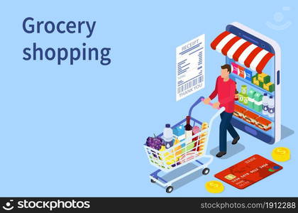 Customer buying in online grocery store.Can use for web banner, infographics. Shopping and Supermarket concept. Vector illustration in flat style. Customer buying in online grocery store