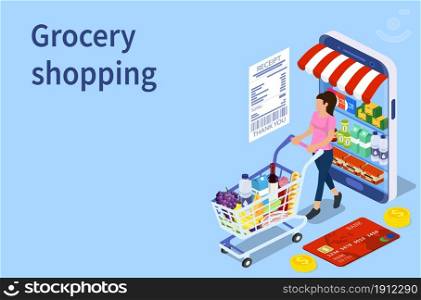 Customer buying in online grocery store.Can use for web banner, infographics. Shopping and Supermarket concept. Vector illustration in flat style. Customer buying in online grocery store