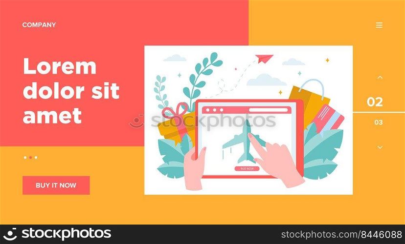 Customer buying plane tickets online. Traveling, screen, flight flat vector illustration. E-commerce and digital technology concept for banner, website design or landing web page