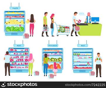 Customer buying process flat vector illustrations set. People choosing products in grocery store, buying goods at cash desk cartoon characters. Shopping in supermarket, farmers market
