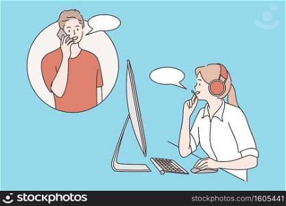 Customer care, clients assistance, hotline operator concept. Young smiling woman with headset sitting at computer and talking with man client online during work illustration over blur background. Customer care, clients assistance, hotline operator concept