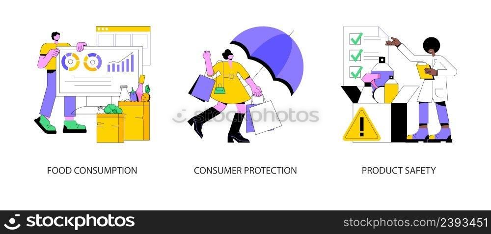 Customer choice abstract concept vector illustration set. Food consumption, consumer protection, product safety, nutrition habit, buyers rights, safe online purchase, certification abstract metaphor.. Customer choice abstract concept vector illustrations.