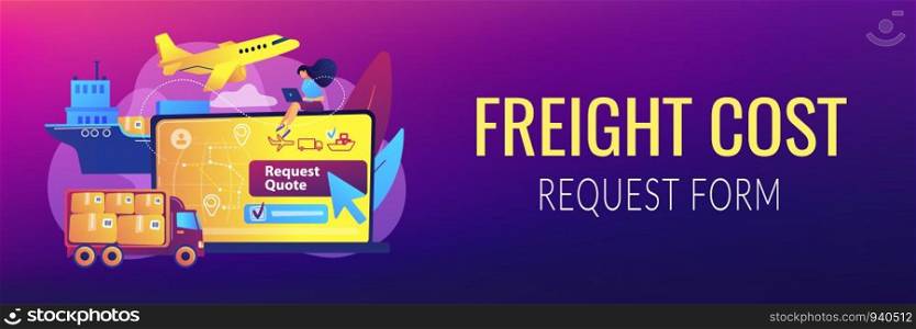 Customer choosing order delivery type, global distribution. Freight quote request, best shipping proposal, freight cost request form concept. Header or footer banner template with copy space.. Freight quote request concept banner header