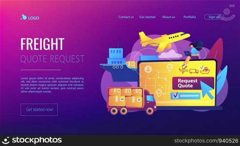 Customer choosing order delivery type, global distribution. Freight quote request, best shipping proposal, freight cost request form concept. Website homepage landing web page template.. Freight quote request concept landing page