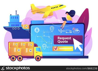 Customer choosing order delivery type, global distribution. Freight quote request, best shipping proposal, freight cost request form concept. Bright vibrant violet vector isolated illustration. Freight quote request concept vector illustration