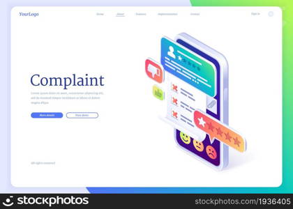 Customer complaint isometric landing page. Smartphone with application for clients feedback and review rate, support call service operators chatting, mobile phone app with chatbot 3d vector web banner. Customer complaint isometric landing page, review