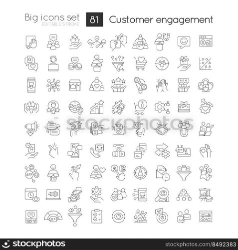 Customer engagement linear icons set. Ecommerce. Marketing strategies. Customizable thin line symbols. Isolated vector outline illustrations. Editable stroke. Quicksand-Light font used. Customer engagement linear icons set