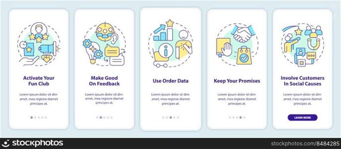 Customer engagement methods onboarding mobile app screen. Walkthrough 5 steps editable graphic instructions with linear concepts. UI, UX, GUI template. Myriad Pro-Bold, Regular fonts used. Customer engagement methods onboarding mobile app screen