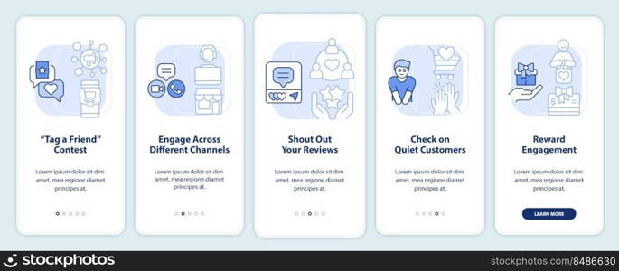 Customer engagement strategies light blue onboarding mobile app screen. Walkthrough 5 steps editable graphic instructions with linear concept. UI, UX, GUI template. Myriad Pro-Bold, Regular fonts used. Customer engagement strategies light blue onboarding mobile app screen
