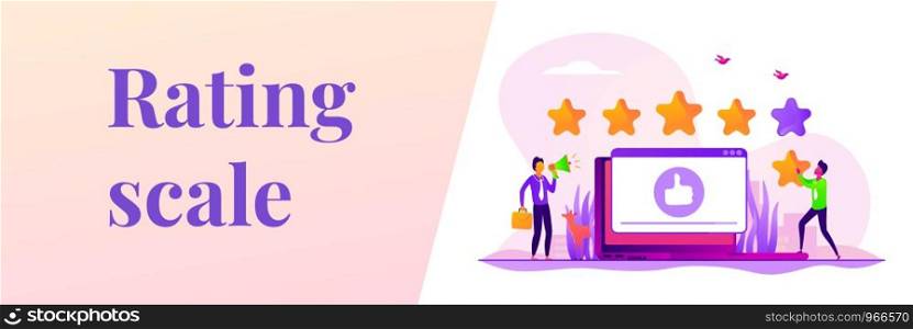 Customer feedback, client review. Social media networks, online service evaluation. Rank and rating scale, high-ranking, top-ranking concept. Header or footer banner template with copy space.. Rating web banner concept