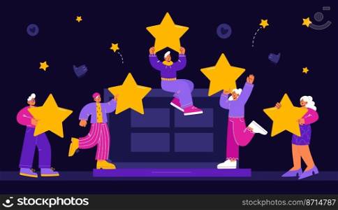 Customer feedback, online review concept. Vector flat illustration of service rating with people holding five gold stars, like symbols and laptop on black background. Customer feedback, online review concept