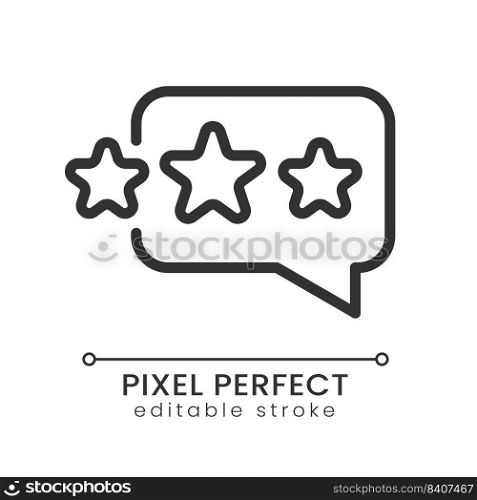 Customer feedback pixel perfect linear icon. Speech bubble with stars. Ranking business. Thin line illustration. Contour symbol. Vector outline drawing. Editable stroke. Poppins font used. Customer feedback pixel perfect linear icon