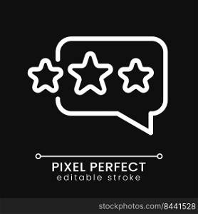 Customer feedback pixel perfect white linear icon for dark theme. Speech bubble with stars. Ranking business. Thin line illustration. Isolated symbol for night mode. Editable stroke. Poppins font used. Customer feedback pixel perfect white linear icon for dark theme