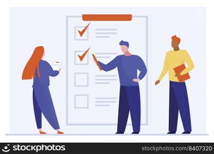 Customer filling up survey form. Analysts studying client satisfaction flat vector illustration. Feedback, quality, poll concept for banner, website design or landing web page