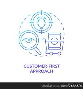 Customer first approach blue gradient icon. Machine industry. Lean manufacturing principle abstract idea thin line illustration. Isolated outline drawing. Myriad Pro-Bold font used. Customer first approach blue gradient icon