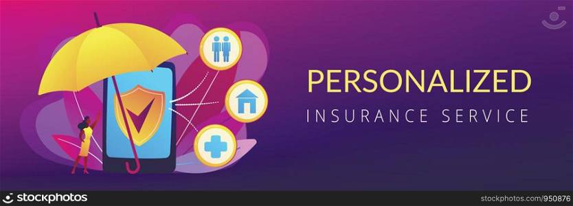 Customer getting insurance coverage and protection using smartphone. On-demand insurance, online policy, personalized isurance service concept. Header or footer banner template with copy space.. On-demand insurance concept banner header.