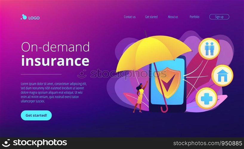 Customer getting insurance coverage and protection using smartphone. On-demand insurance, online policy, personalized isurance service concept. Website vibrant violet landing web page template.. On-demand insurance concept landing page.