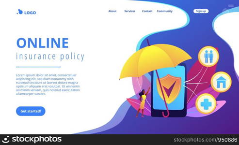 Customer getting insurance coverage and protection using smartphone. On-demand insurance, online policy, personalized isurance service concept. Website vibrant violet landing web page template.. On-demand insurance concept landing page.