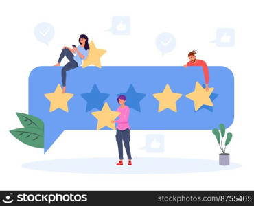 Customer giving evaluation. People choosing star rating in online app, student reviews for survey, client opinion, vector illustration. Rating and feedback, review positive and opinion. Customer giving evaluation. People choosing star rating in online app, student reviews for survey, client opinion, vector illustration